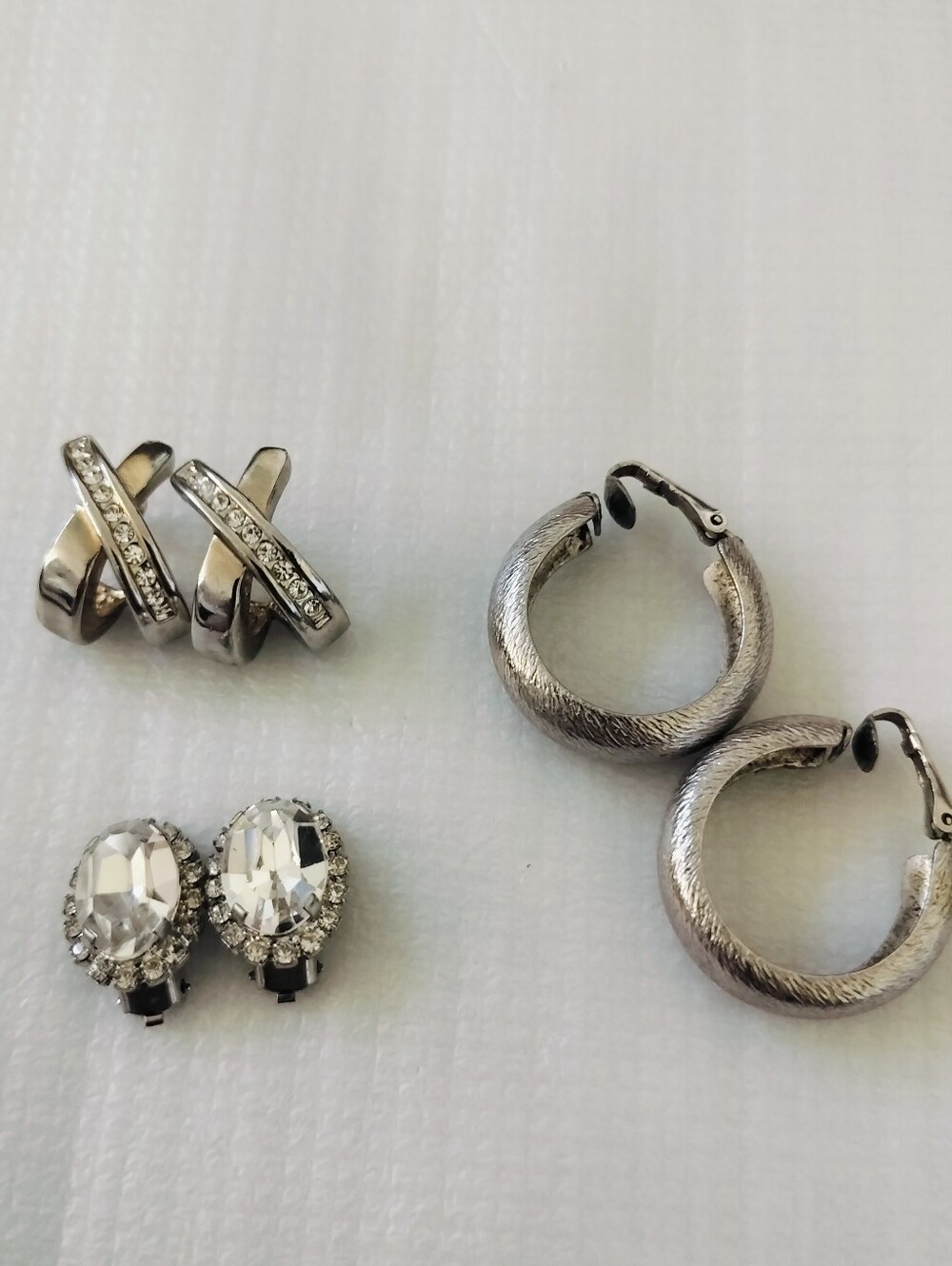 Silver Tone Costume Jewelry Earring Lot Set of 3 Hoops, Rhinestones  Criss-Cross